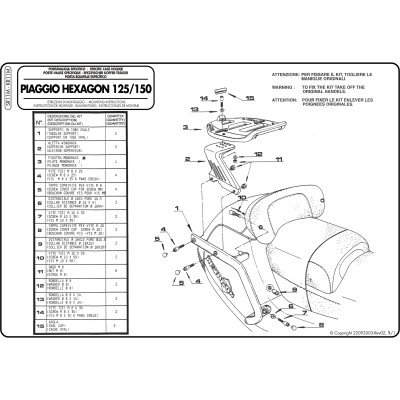 SR11M special rack PIAGGIO Hexagon/Super Hexagon 125-150-180-250, včetně MM